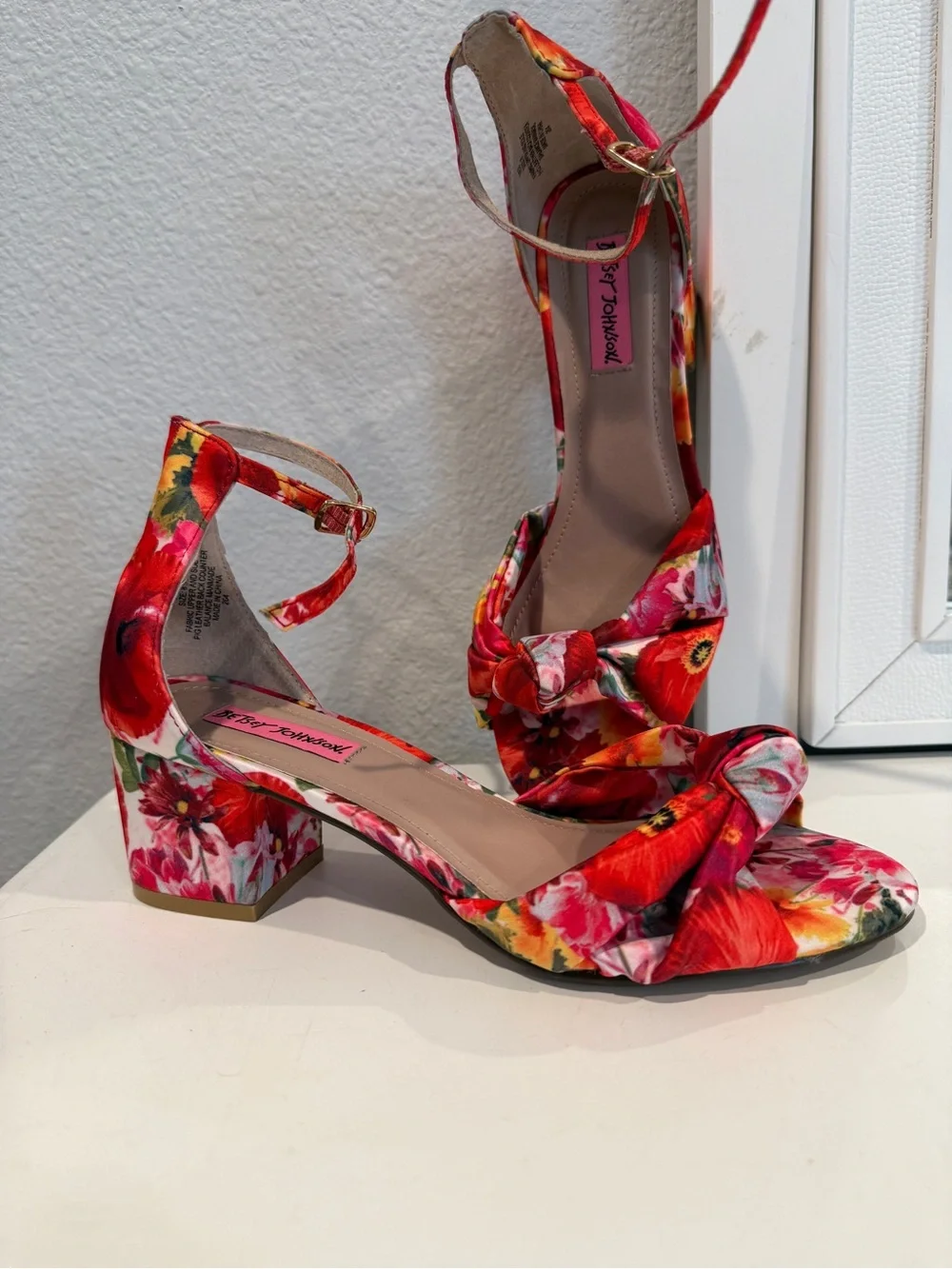 Betsey Johnson Red Floral Bow Ankle-Strap Heels